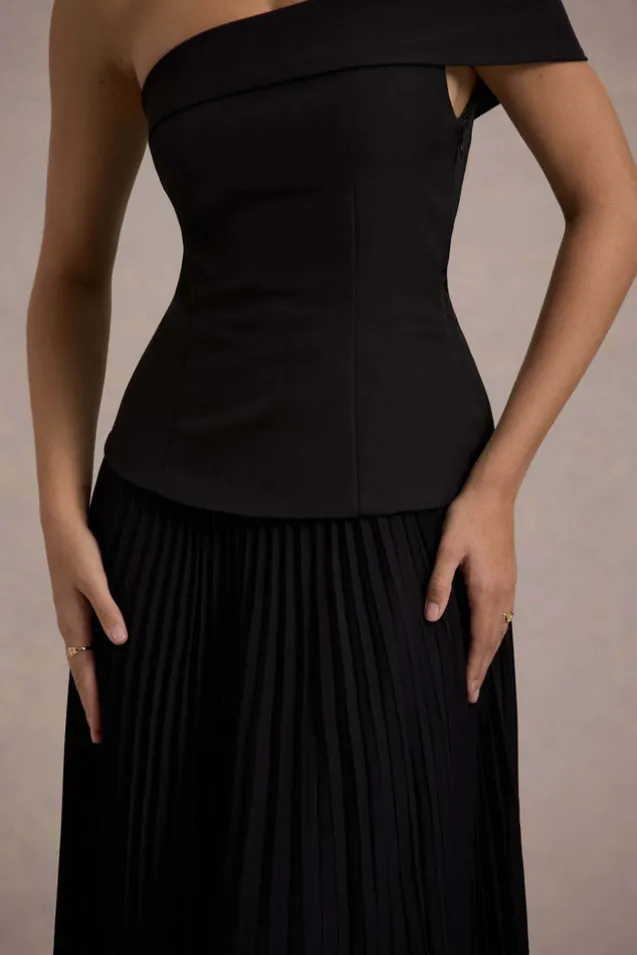 Pauline | Black Bardot Tailored Maxi Dress With Plisse Skirt