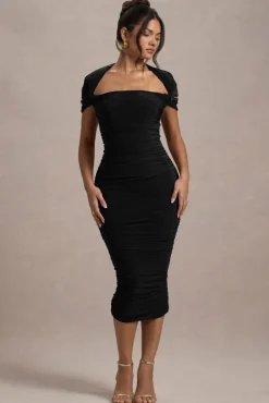 Paxos | Black Ruched Short-Sleeve Midi Dress