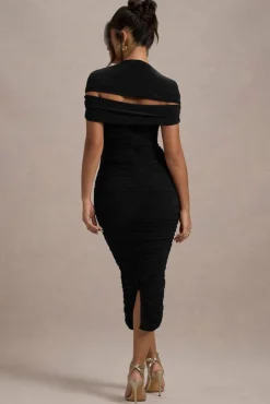 Paxos | Black Ruched Short-Sleeve Midi Dress