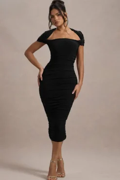 Paxos | Black Ruched Short-Sleeve Midi Dress