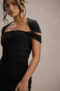 Paxos | Black Ruched Short-Sleeve Midi Dress