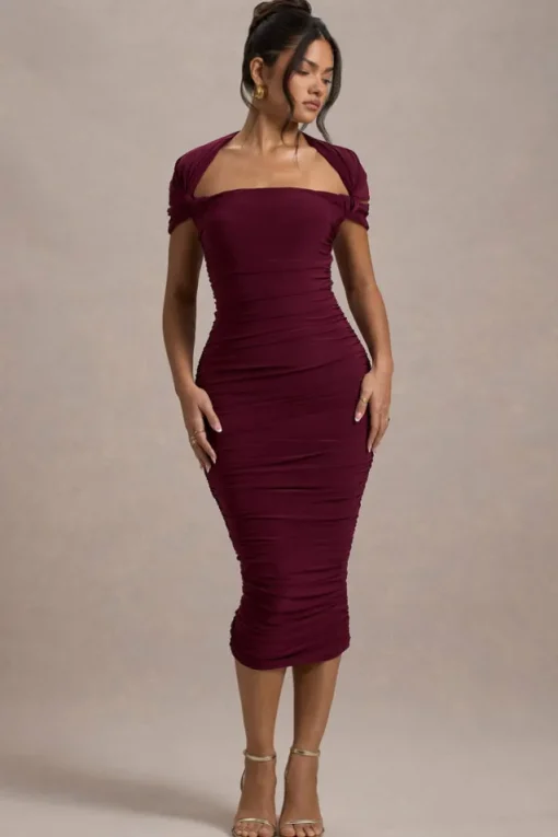 Paxos | Burgundy Ruched Short-Sleeve Midi Dress