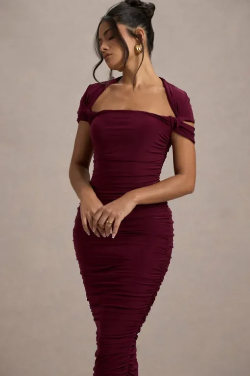 Paxos | Burgundy Ruched Short-Sleeve Midi Dress