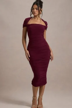 Paxos | Burgundy Ruched Short-Sleeve Midi Dress