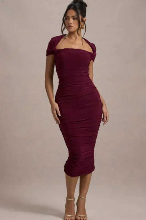 Paxos | Burgundy Ruched Short-Sleeve Midi Dress