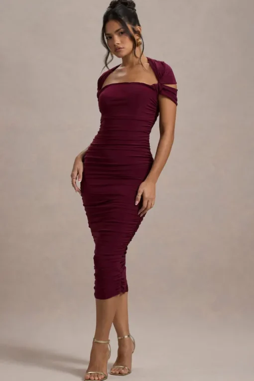 Paxos | Burgundy Ruched Short-Sleeve Midi Dress