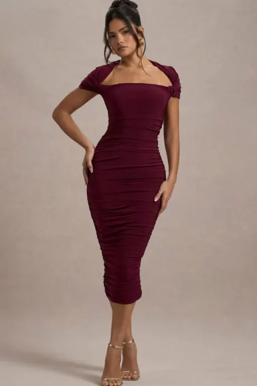 Paxos | Burgundy Ruched Short-Sleeve Midi Dress