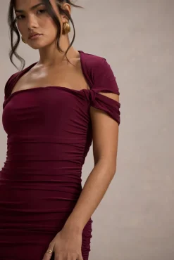 Paxos | Burgundy Ruched Short-Sleeve Midi Dress