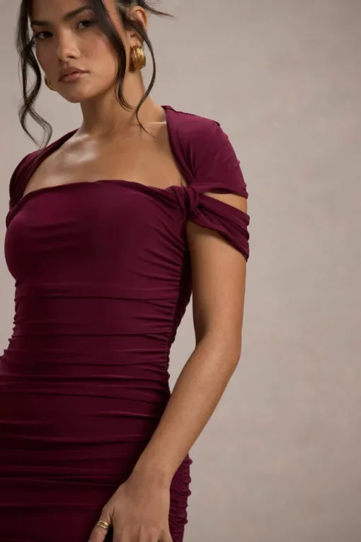 Paxos | Burgundy Ruched Short-Sleeve Midi Dress