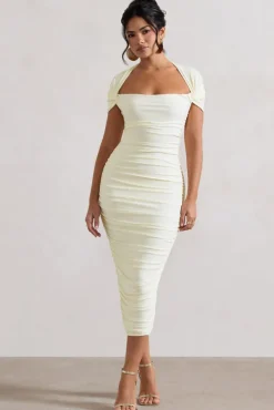 Paxos | Ecru Ruched Short-Sleeve Midi Dress