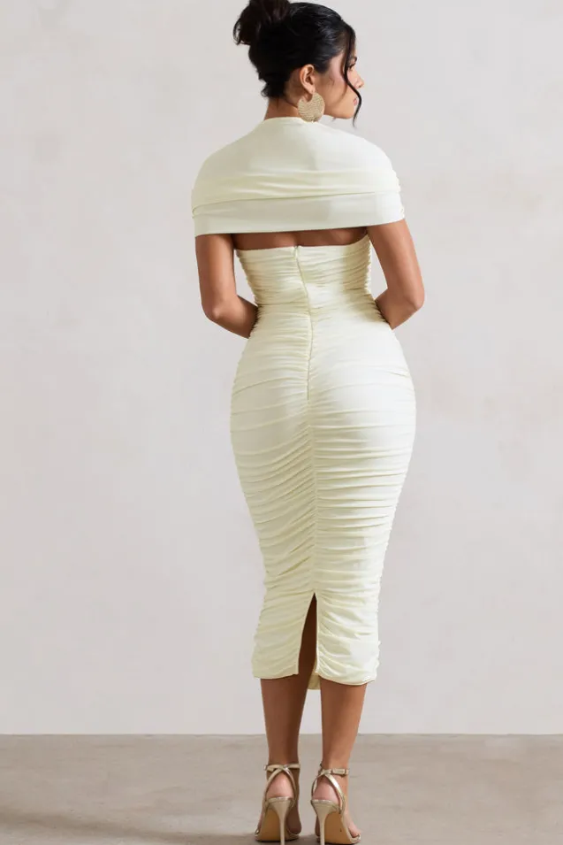 Paxos | Ecru Ruched Short-Sleeve Midi Dress