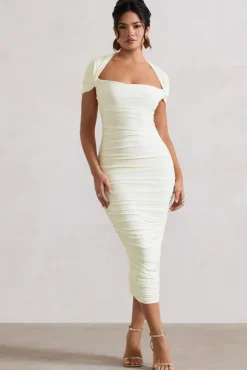 Paxos | Ecru Ruched Short-Sleeve Midi Dress