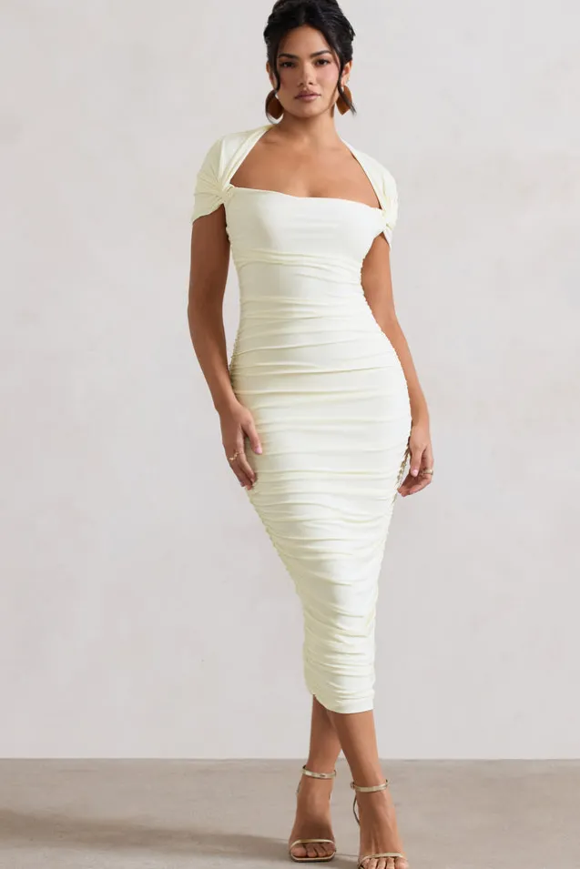 Paxos | Ecru Ruched Short-Sleeve Midi Dress