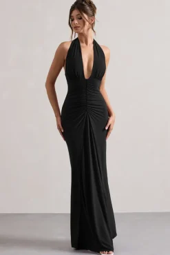 Payton | Black Ruched Halter-Neck Maxi Dress