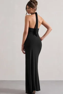 Payton | Black Ruched Halter-Neck Maxi Dress