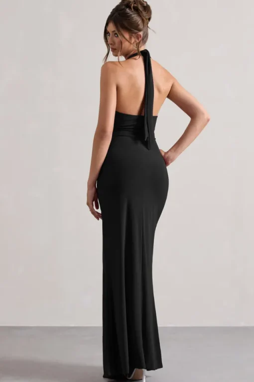 Payton | Black Ruched Halter-Neck Maxi Dress