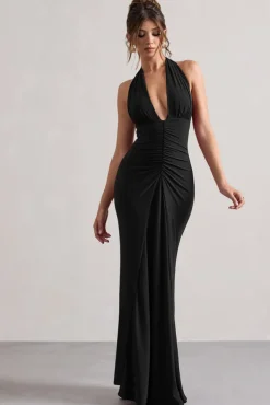 Payton | Black Ruched Halter-Neck Maxi Dress