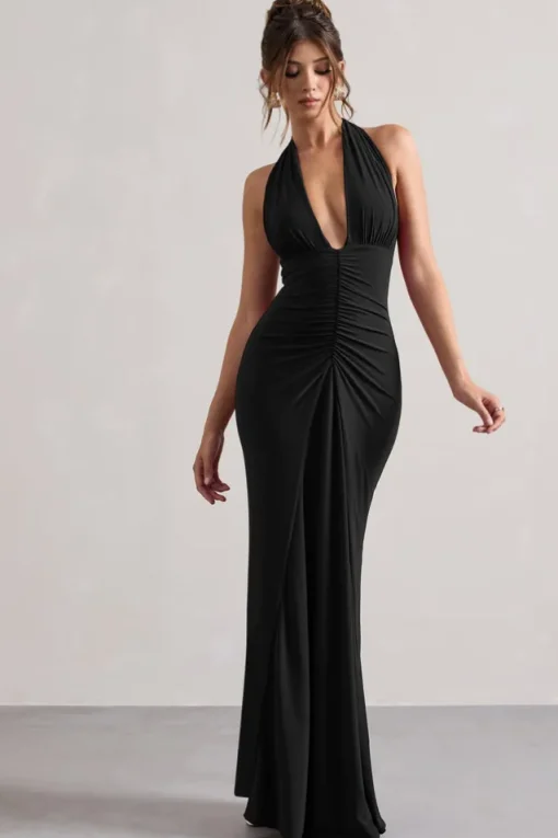 Payton | Black Ruched Halter-Neck Maxi Dress