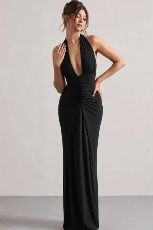 Payton | Black Ruched Halter-Neck Maxi Dress
