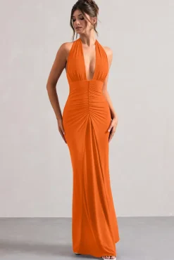 Payton | Orange Ruched Halter-Neck Maxi Dress