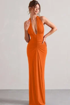 Payton | Orange Ruched Halter-Neck Maxi Dress