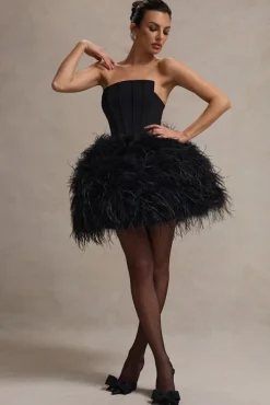 Peaches | Black Strapless Mini Dress With Volume Feather Hem