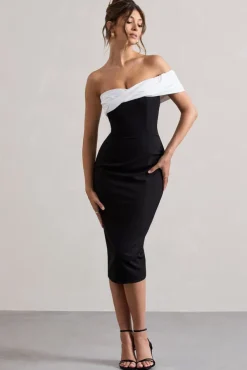 Pearl | Black Twisted Bardot Tailored Midi Dress
