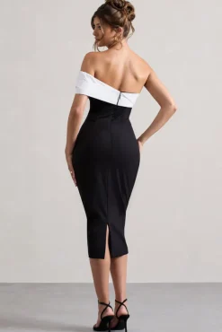 Pearl | Black Twisted Bardot Tailored Midi Dress