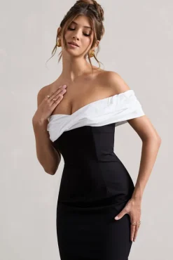 Pearl | Black Twisted Bardot Tailored Midi Dress