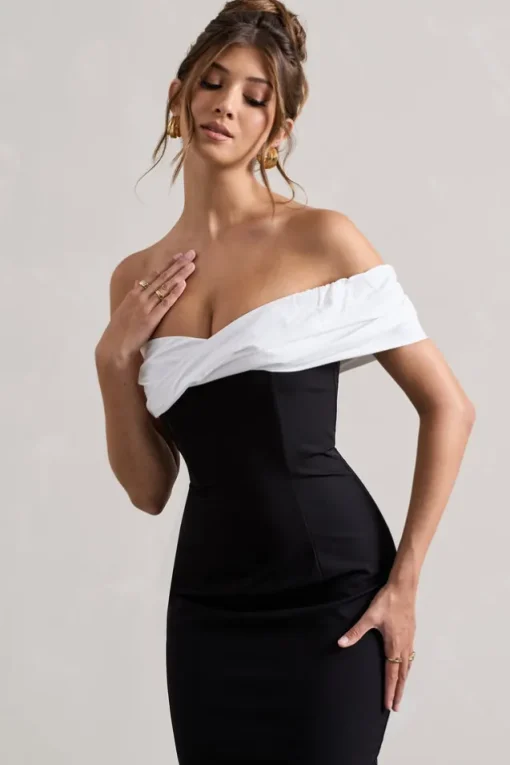 Pearl | Black Twisted Bardot Tailored Midi Dress