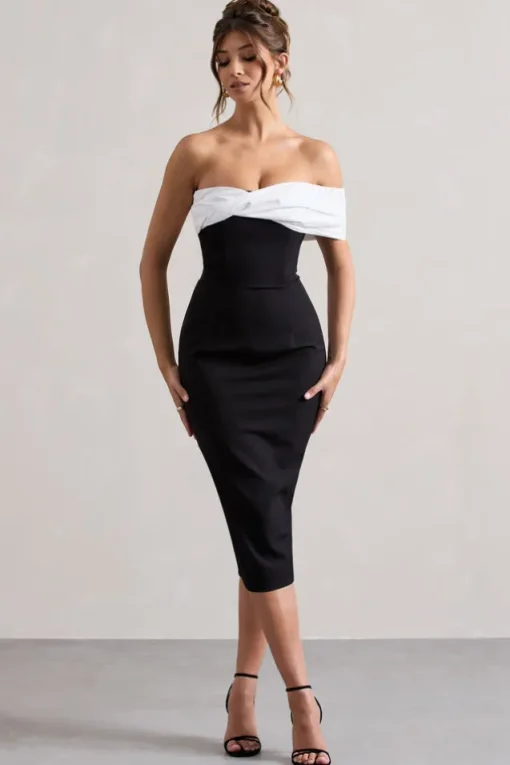 Pearl | Black Twisted Bardot Tailored Midi Dress