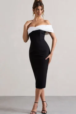 Pearl | Black Twisted Bardot Tailored Midi Dress