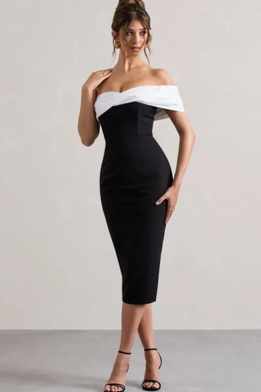 Pearl | Black Twisted Bardot Tailored Midi Dress
