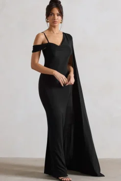 Pedra | Black One Shoulder Cape Sleeve Draped Maxi Dress