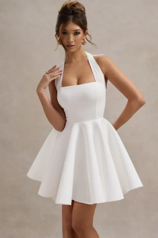Peggy | White Halter-Neck Skater Mini Dress