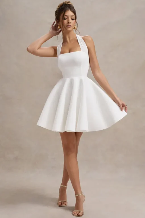Peggy | White Halter-Neck Skater Mini Dress
