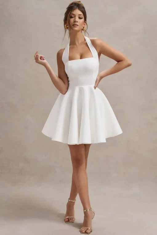 Peggy | White Halter-Neck Skater Mini Dress