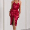 Penelope | Red Satin Twist Front Strappy Midi Dress