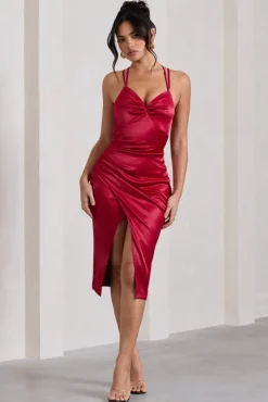 Penelope | Red Satin Twist Front Strappy Midi Dress