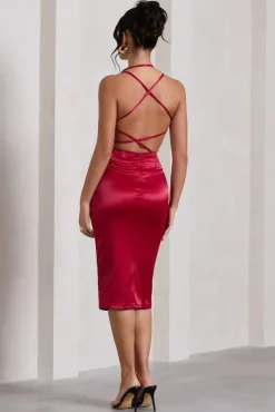 Penelope | Red Satin Twist Front Strappy Midi Dress