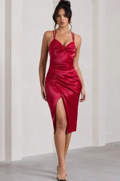 Penelope | Red Satin Twist Front Strappy Midi Dress