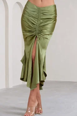 Per Favore | Olive Satin Ruched Split Maxi Skirt