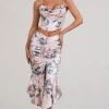 Per Favore | Pink Satin Ruched Split Maxi Skirt