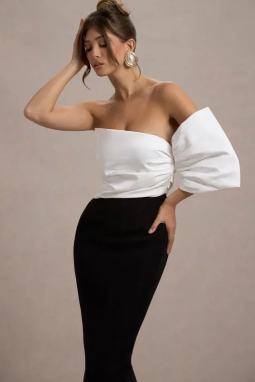 Perception | Black and White Asymmetric One-Sleeve Midi Dress