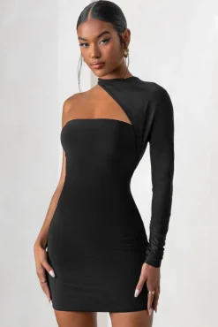 Perfect Touch | Black One Shoulder Long Sleeve Mini Dress