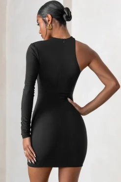 Perfect Touch | Black One Shoulder Long Sleeve Mini Dress