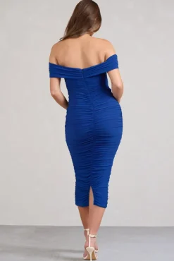 Perfection | Cobalt Blue Off Shoulder Ruched Maternity Midi Dress