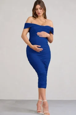Perfection | Cobalt Blue Off Shoulder Ruched Maternity Midi Dress