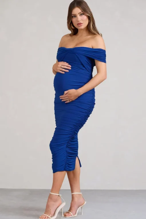 Perfection | Cobalt Blue Off Shoulder Ruched Maternity Midi Dress