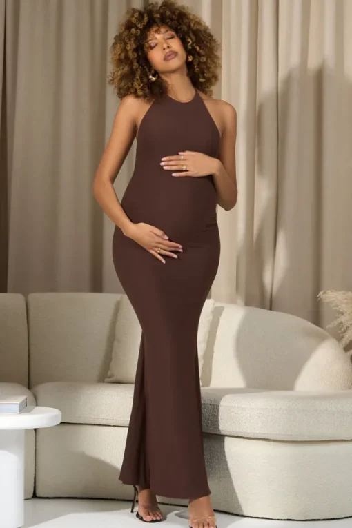 Perrie | Chocolate Brown Halter-Neck Maternity Maxi Dress